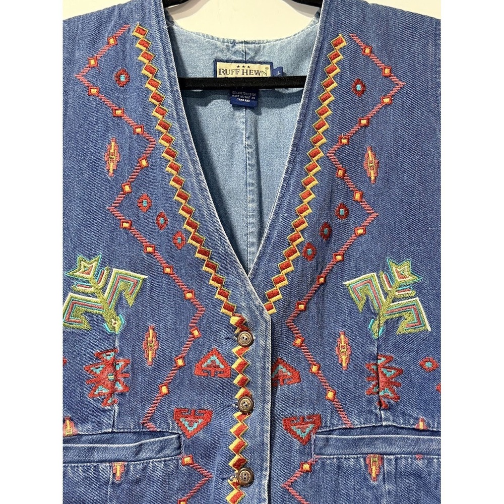 Vintage Ruff Hewn Embroidered Western-Style Denim Vest Ladies Sz Large - Picture 2 of 4